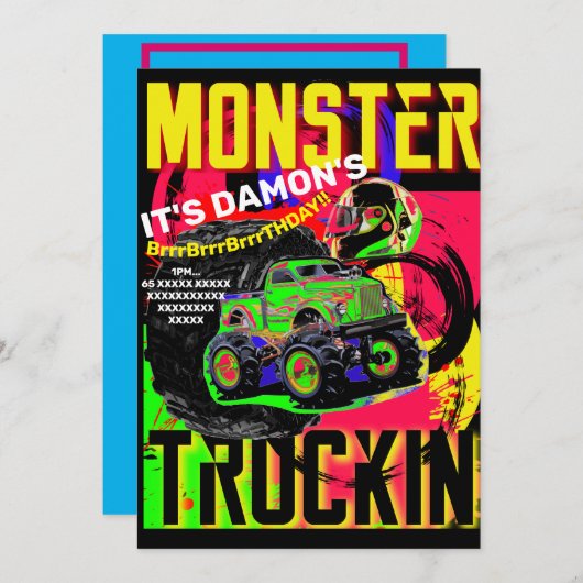 VERJAARDAGSUITNODIGING MONSTER TRUCK KAART (Voorkant / Achterkant)