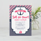 Verjaardagsuitnodiging Nautisch Thema in Roze & Ma Kaart (Staand voorkant)
