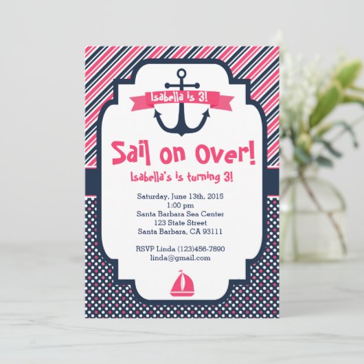 Verjaardagsuitnodiging Nautisch Thema in Roze & Ma Kaart (Staand voorkant)