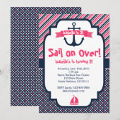 Verjaardagsuitnodiging Nautisch Thema in Roze & Ma Kaart (Voorkant / Achterkant)