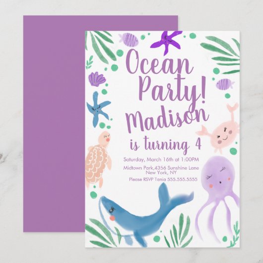 Verjaardagsuitnodiging Oceaan Vissen Zee Dieren Kaart (Voorkant / Achterkant)