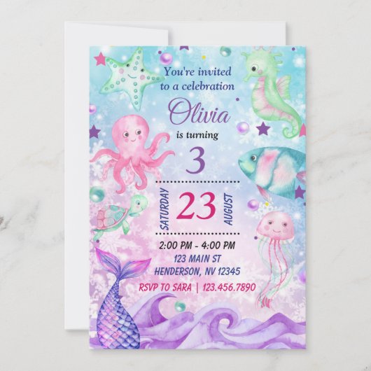 Verjaardagsuitnodiging Onder de Zee, Zeemeermin Ui Kaart (Voorkant)