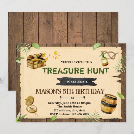 verjaardagsuitnodiging op de jacht op schatten kaart (Voorkant / Achterkant)