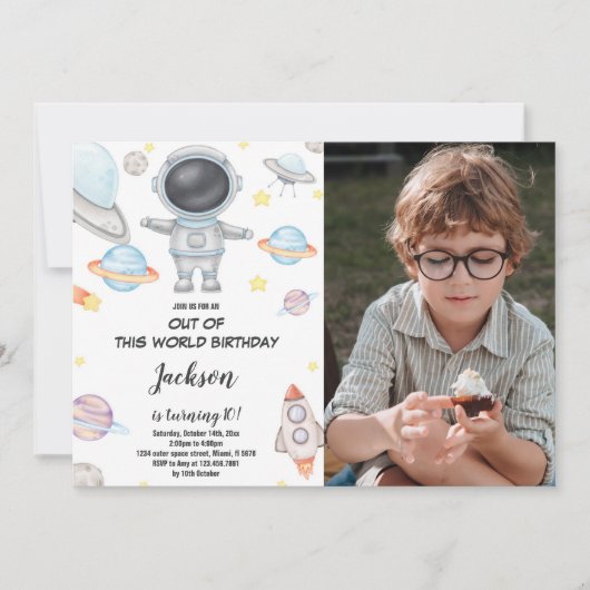 Verjaardagsuitnodiging 'Out of This World' met fot Kaart (Voorkant)