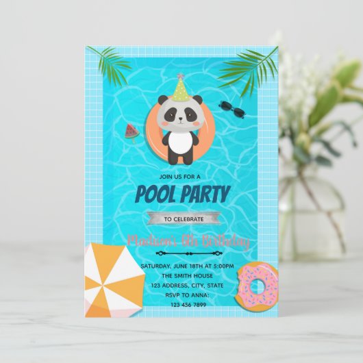 Verjaardagsuitnodiging panda zwembad bedankkaart (Staand voorkant)