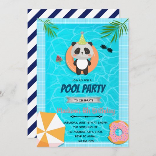 Verjaardagsuitnodiging panda zwembad bedankkaart (Voorkant / Achterkant)