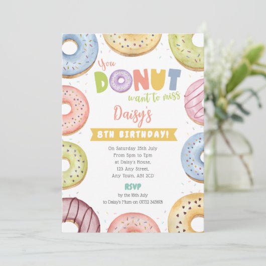 Verjaardagsuitnodiging Pastel Donut - Donut Want T Kaart (Staand voorkant)