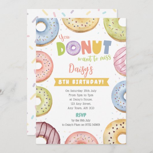 Verjaardagsuitnodiging Pastel Donut - Donut Want T Kaart (Voorkant / Achterkant)