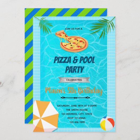 verjaardagsuitnodiging Pizza-pool Bedankkaart (Voorkant / Achterkant)