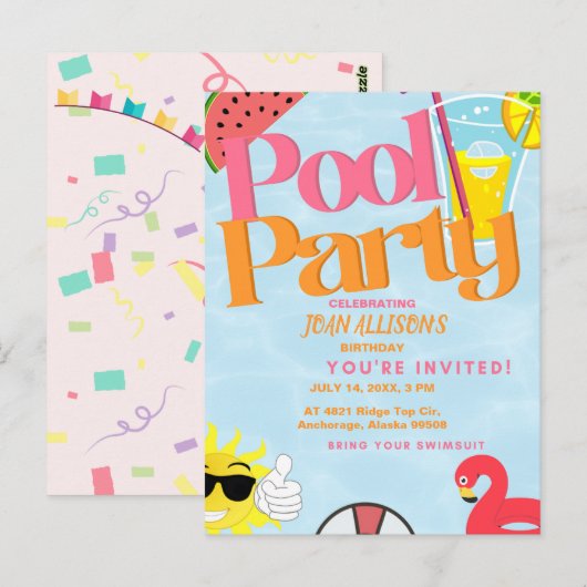 Verjaardagsuitnodiging Pool Party Zomer Watermeloe Briefkaart (Voorkant / Achterkant)