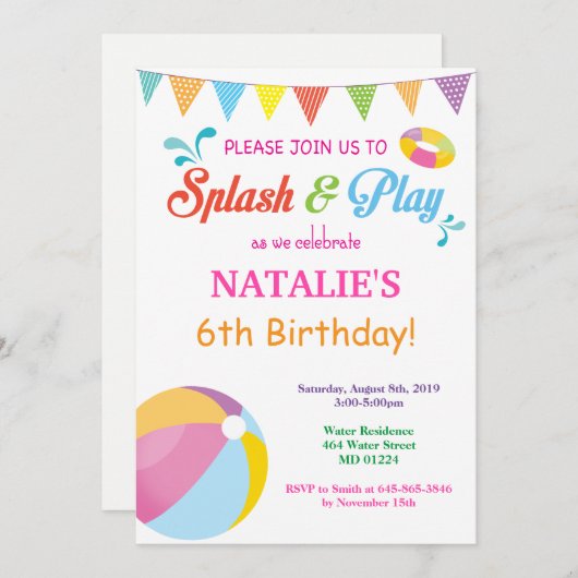 Verjaardagsuitnodiging Poolparty Spetter Spat Meis Kaart (Voorkant / Achterkant)