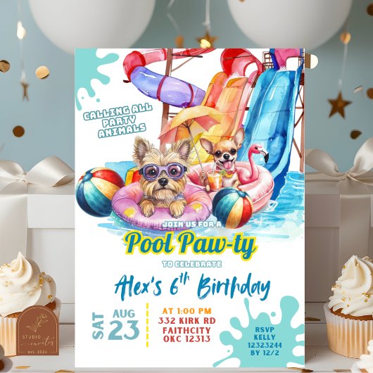 Verjaardagsuitnodiging Puppy Pool Party Kaart