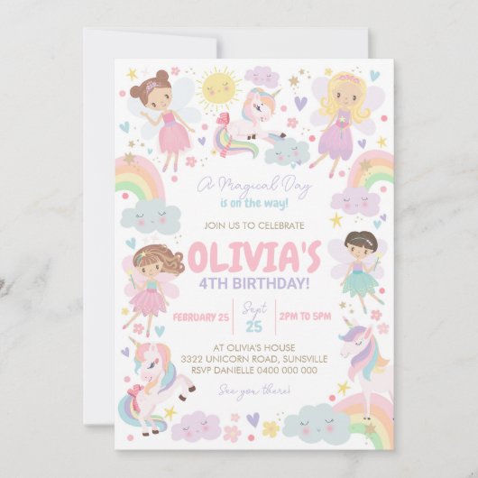 Verjaardagsuitnodiging Regenboog Eenhoorn Feeën Fe Kaart (Voorkant)