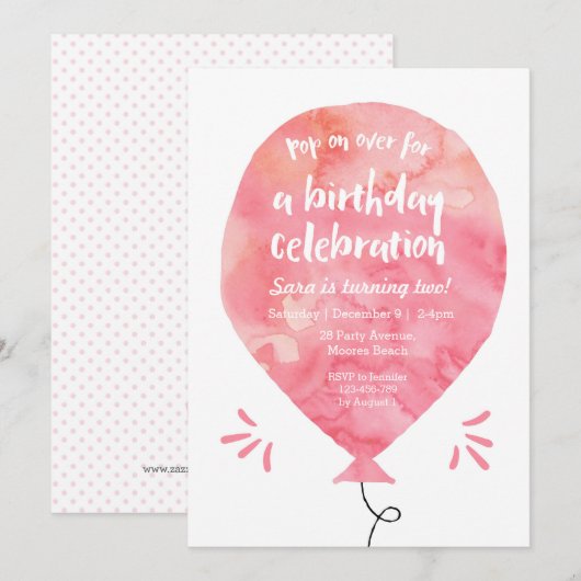 verjaardagsuitnodiging | roze aquarelballon kaart (Voorkant / Achterkant)
