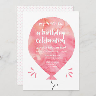 verjaardagsuitnodiging   roze aquarelballon kaart