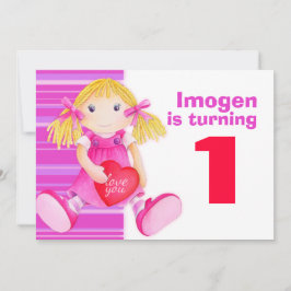 Verjaardagsuitnodiging roze eerste verjaardag pop  kaart