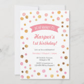 verjaardagsuitnodiging | Roze en gouden confetti v Kaart (Voorkant)
