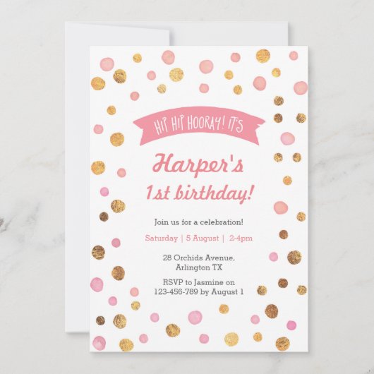 verjaardagsuitnodiging | Roze en gouden confetti v Kaart (Voorkant)