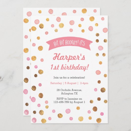 verjaardagsuitnodiging | Roze en gouden confetti v Kaart (Voorkant / Achterkant)