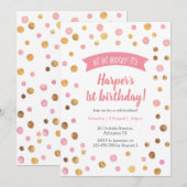 verjaardagsuitnodiging | Roze en gouden confetti v Kaart (Voorkant / Achterkant)