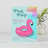 Verjaardagsuitnodiging Roze Flamingo Zwembadfeestj Kaart (Staand voorkant)