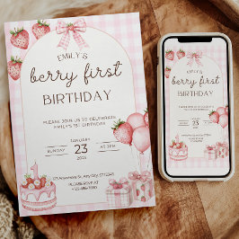 Verjaardagsuitnodiging Roze Gingham voor eerste ve Kaart
