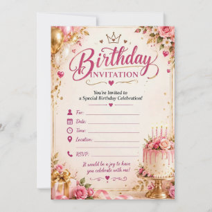 Verjaardagsuitnodiging – Roze & Gouden Bloemige Ve Kaart