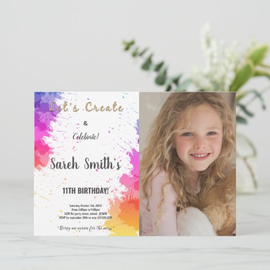 Verjaardagsuitnodiging schilderen met foto kaart (Staand voorkant)