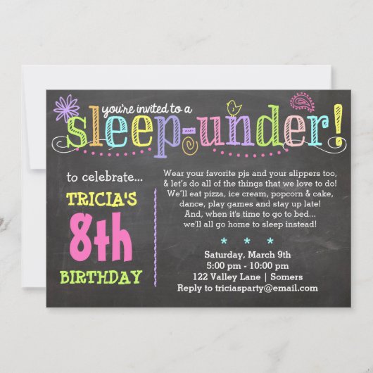 Verjaardagsuitnodiging Sleep-Under Party, Neon Kaart (Voorkant)