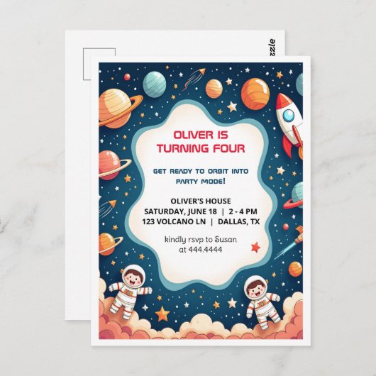 Verjaardagsuitnodiging Space Boy astronaut Briefka Briefkaart (Voorkant / Achterkant)