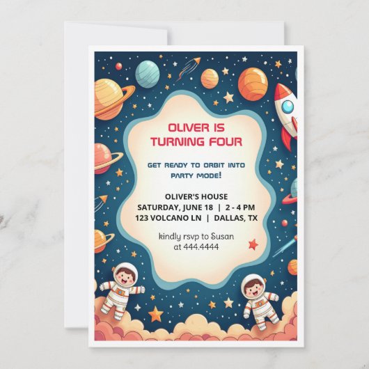 Verjaardagsuitnodiging Space Boy Astronaut Flat Ka Kaart (Voorkant)