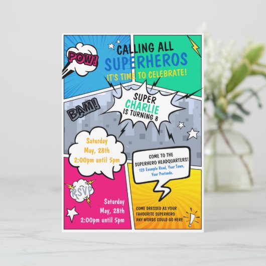 Verjaardagsuitnodiging Superheld Comic Style Kaart (Staand voorkant)