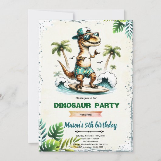 Verjaardagsuitnodiging Surfende Dinosaurussen  Kaart (Voorkant)