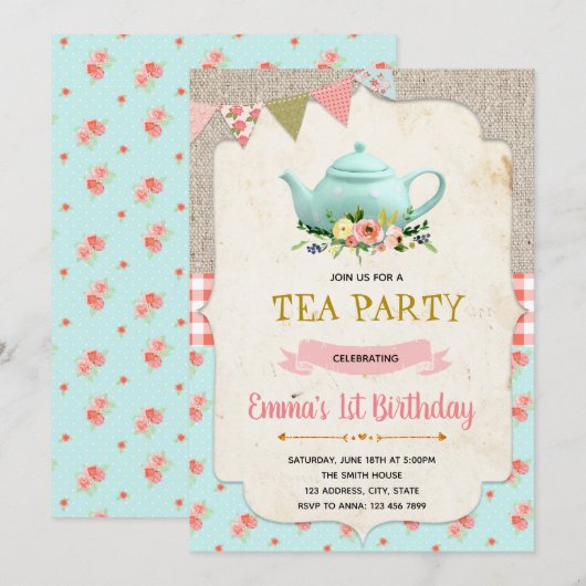  verjaardagsuitnodiging theepartij kaart (Voorkant / Achterkant)