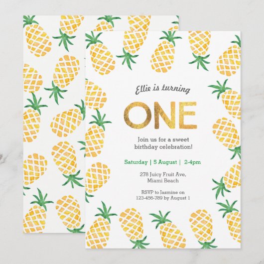 verjaardagsuitnodiging | tropische ananas kaart (Voorkant / Achterkant)