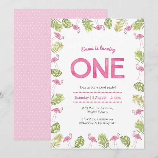 verjaardagsuitnodiging | tropische flamingo kaart (Voorkant / Achterkant)