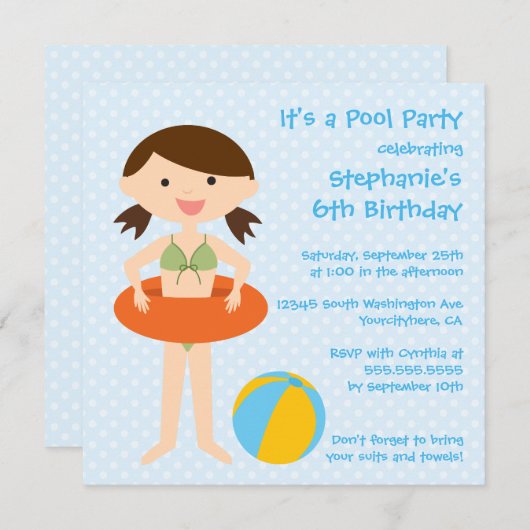 verjaardagsuitnodiging van de zomerpoolpartij van  kaart (Voorkant / Achterkant)