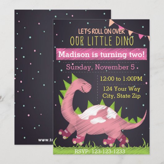 Verjaardagsuitnodiging van het Dinosaur Schaats Kaart (Voorkant / Achterkant)