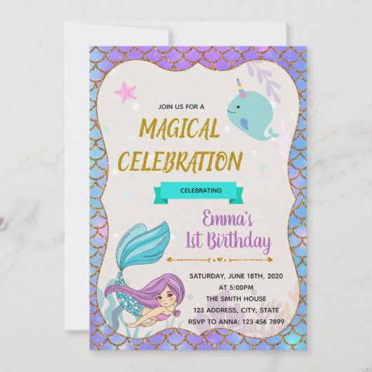 verjaardagsuitnodiging van Mermaid narwhale Kaart (Voorkant)