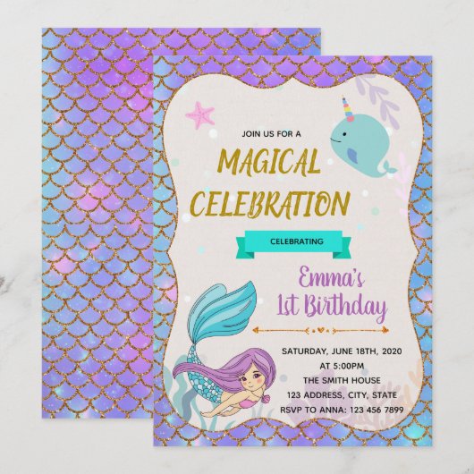 verjaardagsuitnodiging van Mermaid narwhale Kaart (Voorkant / Achterkant)