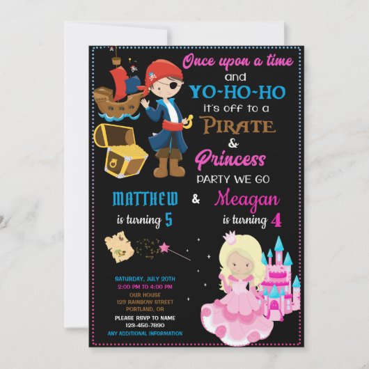 verjaardagsuitnodiging van Pirate en Princess Twee Kaart (Voorkant)