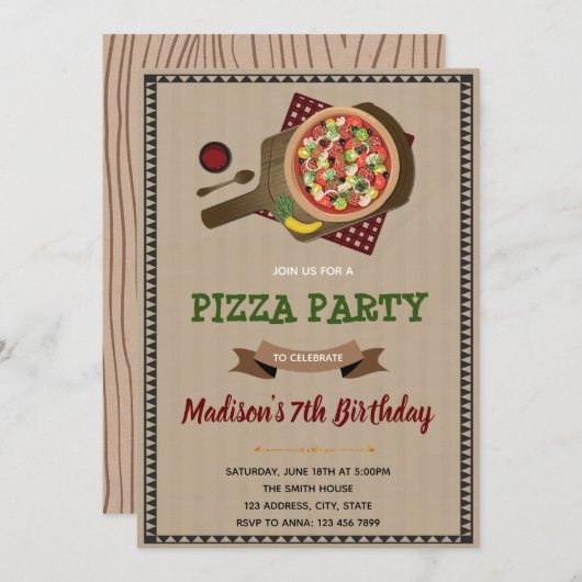 verjaardagsuitnodiging van Pizza Party Kaart (Voorkant / Achterkant)