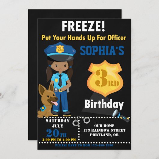 verjaardagsuitnodiging van politieagent Meisfeest Kaart (Voorkant / Achterkant)
