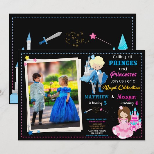 verjaardagsuitnodiging van prins en prinses met fo kaart (Voorkant / Achterkant)
