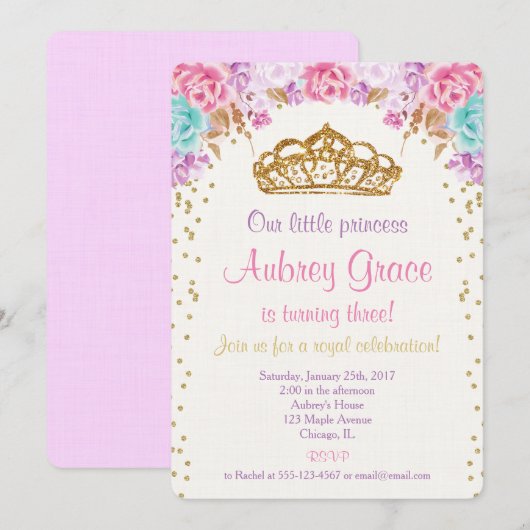 verjaardagsuitnodiging van prinses, roze paars gou kaart (Voorkant / Achterkant)