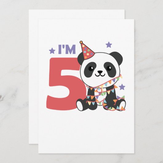 Verjaardagsuitnodiging vijfde verjaardag panda voo kaart (Voorkant / Achterkant)