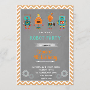 Verjaardagsuitnodiging vintage robot kaart