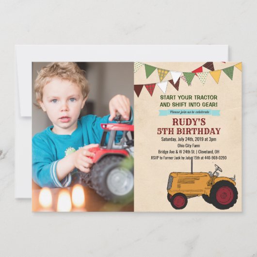 VERJAARDAGSUITNODIGING - Vintage Tractor voor elke Kaart (Voorkant)