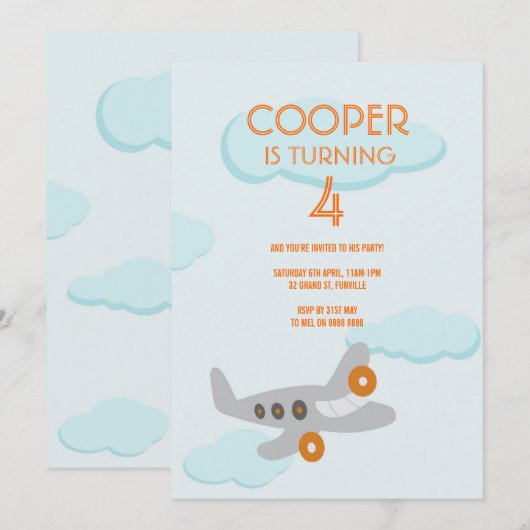Verjaardagsuitnodiging vliegtuig kaart (Voorkant / Achterkant)