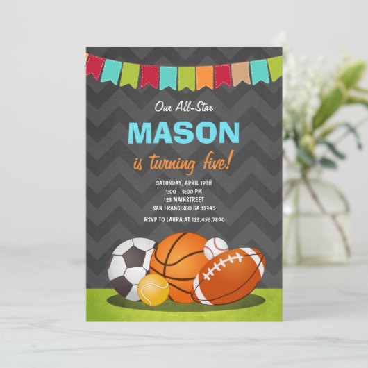 Verjaardagsuitnodiging voor All Star verjaardagsfe Kaart (Staand voorkant)